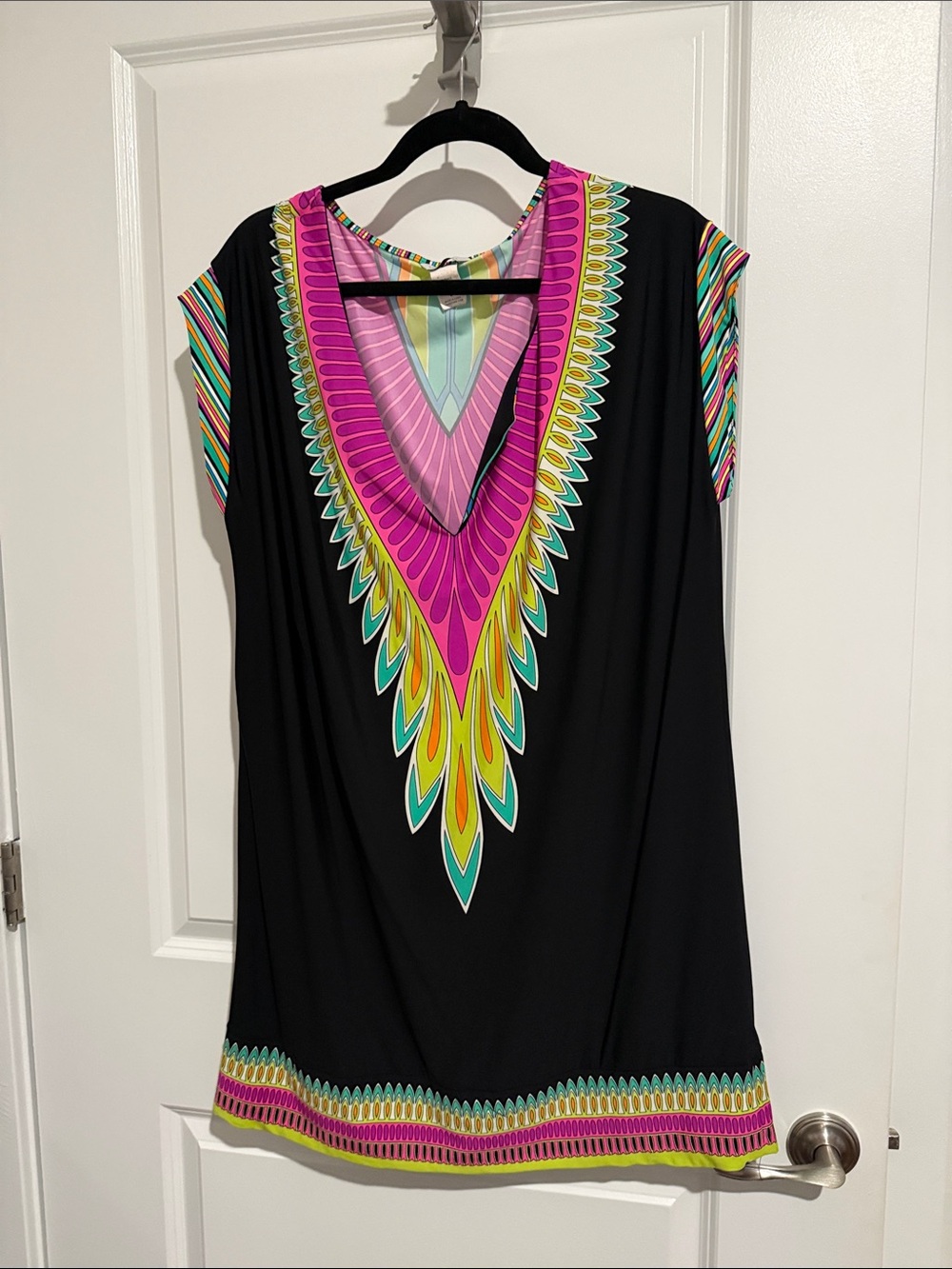 Trina Turk Black Tunic with Pink, Yellow & Teal V-Print